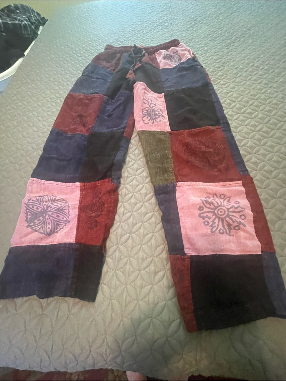 Patchwork Boho Lounge Pants in Burgundy, Pink, Navy